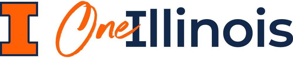 Block I with text OneIllinois in orange and blue